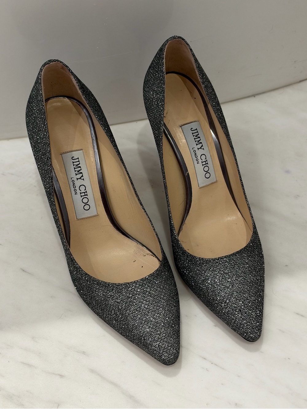 Jimmy Choo Black Glitter Pointed-Toe Pumps